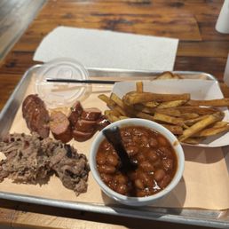 Pulled pork Smoked beans fries jalapeño sausage
