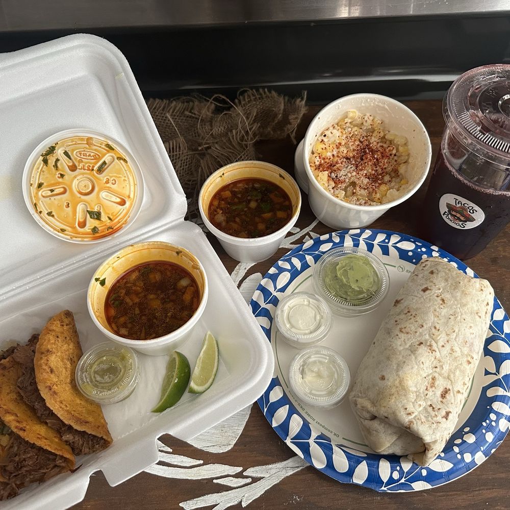 Birria tacos, birria burrito, street corn in a cup, & Jamaica water Birria tacos, birria burrito, street corn in a cup, & Jamaica water