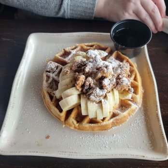 Monica’s Riverview - Belgian waffle, fresh banana, candied walnuts and hand whipped cream. - Breakfast & Brunch Near Me - Antioch, California Monica’s Riverview - Belgian waffle, fresh banana, candied walnuts and hand whipped cream. - Breakfast & Brunch Near Me - Antioch, California