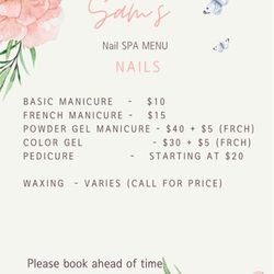 Sam’s Nail Spa - Pricing menu