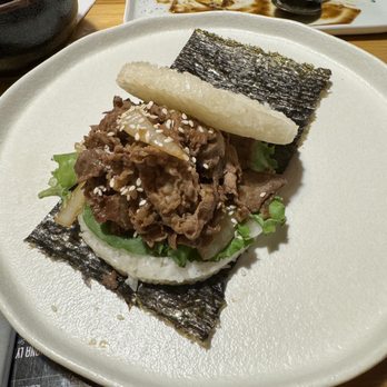 Kyuramen - Sandy Springs - Teriyaki Beef Burger, come with gloves to eat - Ramen Near Me - Sandy Springs, Georgia Kyuramen - Sandy Springs - Teriyaki Beef Burger, come with gloves to eat - Ramen Near Me - Sandy Springs, Georgia