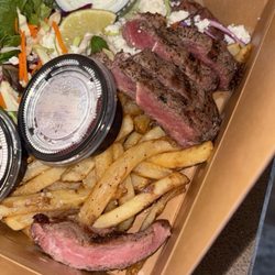 Axe and Fiddle - 6oz sirloin steak, why is my salad in the same contained and on what earth is this rare