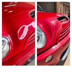 DentWorx Paintless Dent Repair - Mini Cooper hood dent before and after.