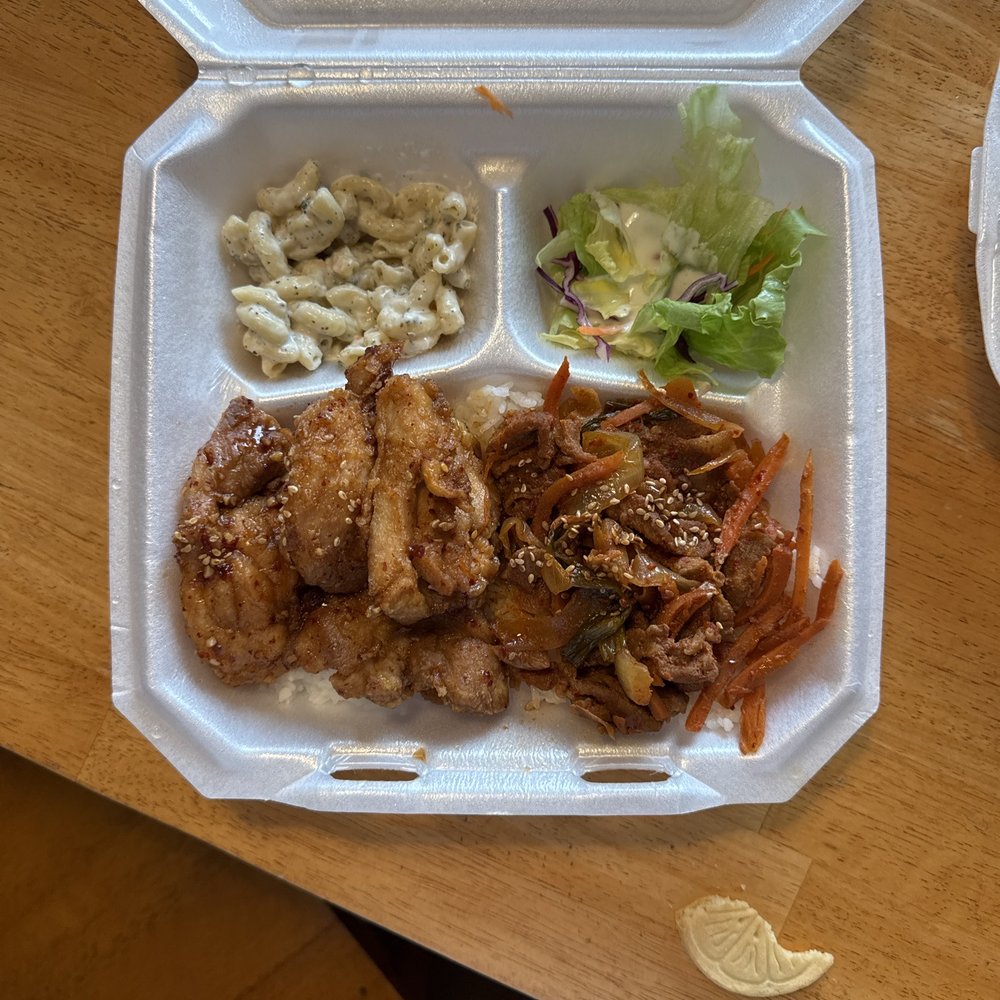 Yummy's Korean BBQ - This is one order of crispy chicken (the soggy meat on the left) and two orders of spicy bulgogi. - Korean Near Me - Provo, Utah