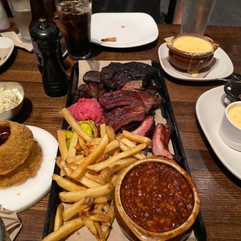 Jack Stack Barbecue - Freight House - Sampler platter with ribs, burnt ends and beef brisket, cheesy corn - Barbeque Near Me - Kansas City, Missouri Jack Stack Barbecue - Freight House - Sampler platter with ribs, burnt ends and beef brisket, cheesy corn - Barbeque Near Me - Kansas City, Missouri