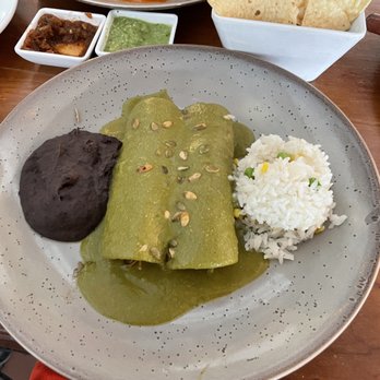 El Alma - Duck Enchiladas with Mole Verde, refried Black Beans and white rice...was just Ehh - Mexican Near Me - Austin, Texas El Alma - Duck Enchiladas with Mole Verde, refried Black Beans and white rice...was just Ehh - Mexican Near Me - Austin, Texas