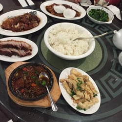 The Mayflower Chinese Restaurant - Whole Roast Duck, Roast Pork Belly, Sizzling Beef in Black Pepper Sauce, Squid in Chili Salt, Gailan with Garlic.