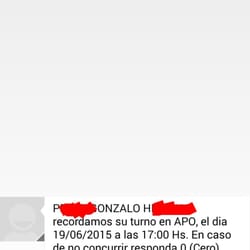 APO Asistencia Privada Odontologica - Captura de pantalla del SMS que envían recordando el turno 2 días antes.