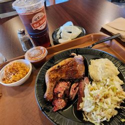 Bill Miller BBQ - The Rancher plate. Option of two meats and three sides and a large drink. Brisket and chicken were tender.