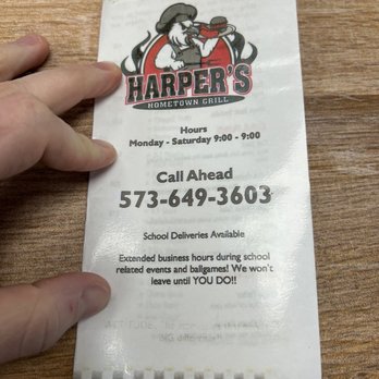 Harper’s Hometown Grill - Front of menu with contact info - Delis Near Me - East Prairie, Missouri Harper’s Hometown Grill - Front of menu with contact info - Delis Near Me - East Prairie, Missouri