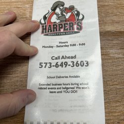 Harper’s Hometown Grill - Front of menu with contact info