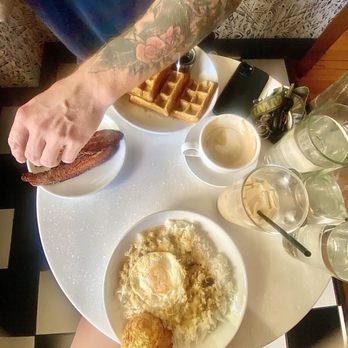 The Sassy Biscuit - Waffles, a side of bacon, The Southerner Johnson Style, mocha latte, Iced vanilla chai - Breakfast & Brunch Near Me - Billings, Montana The Sassy Biscuit - Waffles, a side of bacon, The Southerner Johnson Style, mocha latte, Iced vanilla chai - Breakfast & Brunch Near Me - Billings, Montana