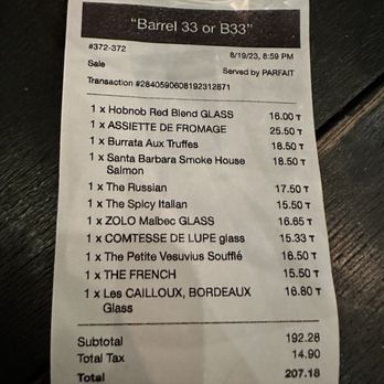 Barrel 33 - Our bill. - Wine Bars Near Me - Ventura, California