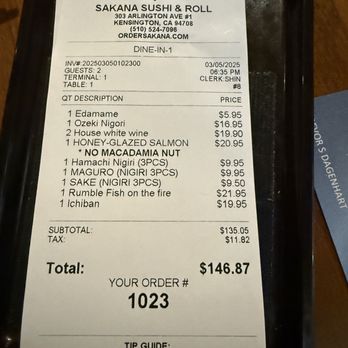 Sakana Sushi and Roll - Final bill - Sushi Bars Near Me - Kensington, California