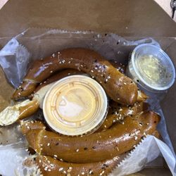 Pat’s Taps At Catfish Johnnys - Pretzel with cheese and mustard.