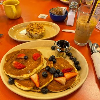 Snooze, an A.M. Eatery - Vegan Bliss Pancakes, hash brown side, oat milk latte - Breakfast & Brunch Near Me - Westminster, Colorado