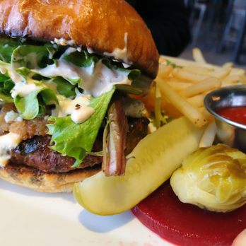 Tine & Cellar - Burger came with a huge pile of fries! And the pickled Brussels sprout was very tasty. - Modern European Near Me - Weston, Wisconsin Tine & Cellar - Burger came with a huge pile of fries! And the pickled Brussels sprout was very tasty. - Modern European Near Me - Weston, Wisconsin