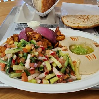 De Babel - Chkn Tawook ( white meat) Plate with hummus and chopped salad (cucumber, radish, tomato, vinegar&black pepper and a Chkn Tawook Sandwich. - Mediterranean Near Me - Scottsdale, Arizona