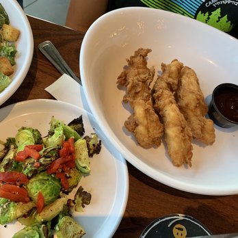 The Brass Tap - Prosper - Chicken strips, brussel sprouts, and side Caesar - Beer Bar Near Me - Prosper, Texas