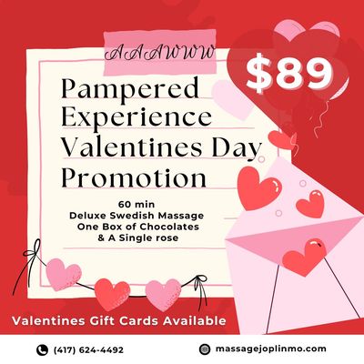 Valentine's Day Promotions! - Try out our "Awww Pampered Experience" Valentine's Day Promotion! For only $89, get a 60-minute Delux Swedish Massage, one box of chocolates, and a single beautiful rose. A perfect gift for your partner!
Try out our Rose Petal Promotion this February! Our Custom facial incorporates a Pink jelly mask, Rosehip, Rose petals, dried roses, and a dermaplaning service to make your face as soft as a rose petal. Just at at $75 value!
Valentine's Gift Cards are also available on our website.
Visit our website or call us today to set up an appointment. Valentine's Day Promotions! - Try out our "Awww Pampered Experience" Valentine's Day Promotion! For only $89, get a 60-minute Delux Swedish Massage, one box of chocolates, and a single beautiful rose. A perfect gift for your partner!
Try out our Rose Petal Promotion this February! Our Custom facial incorporates a Pink jelly mask, Rosehip, Rose petals, dried roses, and a dermaplaning service to make your face as soft as a rose petal. Just at at $75 value!
Valentine's Gift Cards are also available on our website.
Visit our website or call us today to set up an appointment.