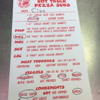 Shortstop Deli - Order sheet for pizza subs. Give the white half to sub makers and the yellow half (underneath) to cashiers. - Delis Near Me - Ithaca, New York