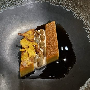 Nisei - Pumpkin cake with a flan texture. Fried pumpkin leaf with pumpkin seeds. Really good flavor - Japanese Near Me - San Francisco, California Nisei - Pumpkin cake with a flan texture. Fried pumpkin leaf with pumpkin seeds. Really good flavor - Japanese Near Me - San Francisco, California