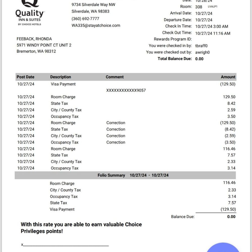 Quality Inn & Suites - Hotel reciept shows a reconciled amount of zero charges pending - Hotels Near Me - Silverdale, Washington Quality Inn & Suites - Hotel reciept shows a reconciled amount of zero charges pending - Hotels Near Me - Silverdale, Washington