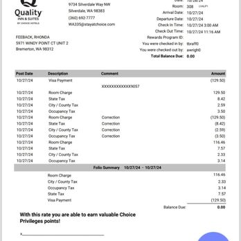 Quality Inn & Suites - Hotel reciept shows a reconciled amount of zero charges pending - Hotels Near Me - Silverdale, Washington Quality Inn & Suites - Hotel reciept shows a reconciled amount of zero charges pending - Hotels Near Me - Silverdale, Washington