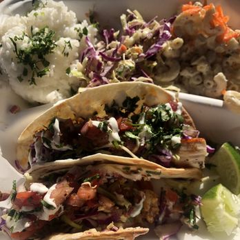 Mahi Taco - 2 Taco Plate: my partner got blackened Grilled Mahi-mahi (blackened) and I got the garlic shrimp. - Hawaiian Near Me - Portland, Oregon Mahi Taco - 2 Taco Plate: my partner got blackened Grilled Mahi-mahi (blackened) and I got the garlic shrimp. - Hawaiian Near Me - Portland, Oregon