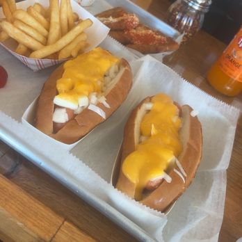 One Eyed Willy's Dawg Shack - Two hot dogs with cheese and onions with a side of fries - Burgers Near Me - Meriden, Connecticut