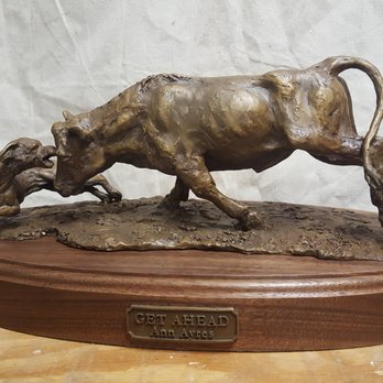 Ann Ayres Bronzes - Catahoula Cow Dog stopping a cow Title "Get Ahead" - Art Galleries Near Me - Bridgeport, Texas Ann Ayres Bronzes - Catahoula Cow Dog stopping a cow Title "Get Ahead" - Art Galleries Near Me - Bridgeport, Texas