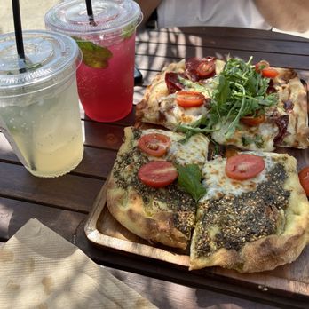 Habibi's - Cactus Pear sparkling tea, peach lemon tea, zaatar & cheese flatbread and pastrami flatbread - Cafes Near Me - Fullerton, California