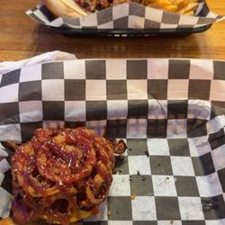 The Combine Bar & Grill - BBQ Burger Stack (mashed potatoes aren't in the pic) Boss burger with fries