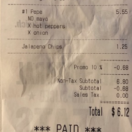the receipt for the restaurant