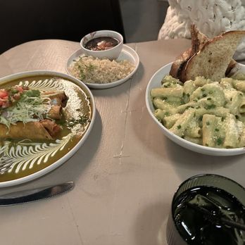 Luna Bistro Cafe - Soyrizo and potato flautas with rice and beans& creamy jalapeño pesto penne with shrimp - New American Near Me - Long Beach, California