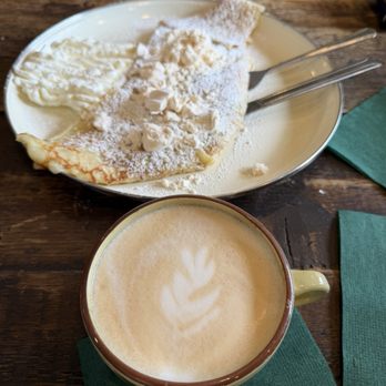 Cafe Voltaire - Chestnut purée and vanilla meringue crêpe with a café crème - Coffee & Tea Near Me - Gainesville, Florida Cafe Voltaire - Chestnut purée and vanilla meringue crêpe with a café crème - Coffee & Tea Near Me - Gainesville, Florida
