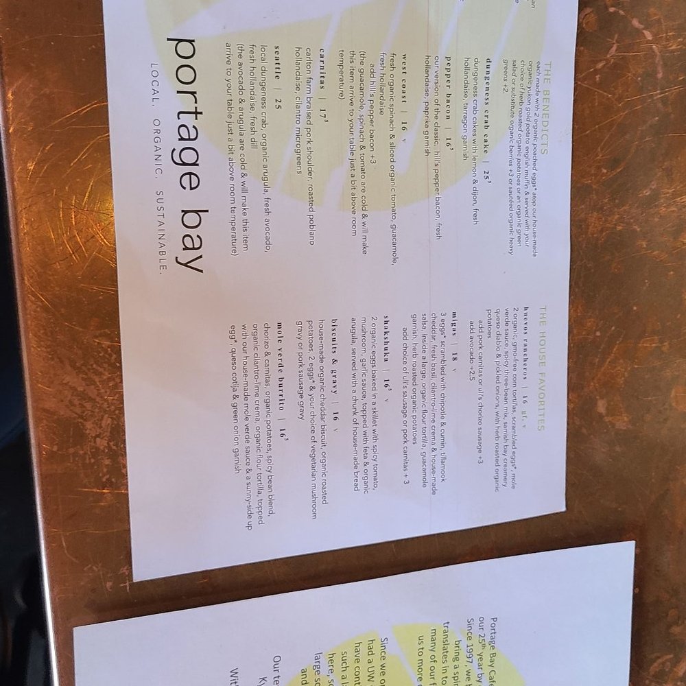 Portage Bay Cafe - West Seattle - Menu backside - New American Near Me - Seattle, Washington