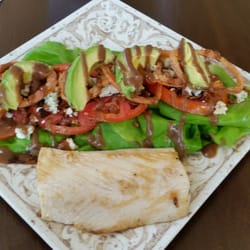 Origins Golf Club - Beefsteak Tomato & Avacado salad with bacon, blue cheese crumbles, fried onions, balsamic dressing & fresh grilled Mahi - Mahi