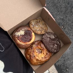 Hot Honey Danish, strawberry cheesecake danish, brown butter salted chocolate chip cookie, chocolate crinkle cookie