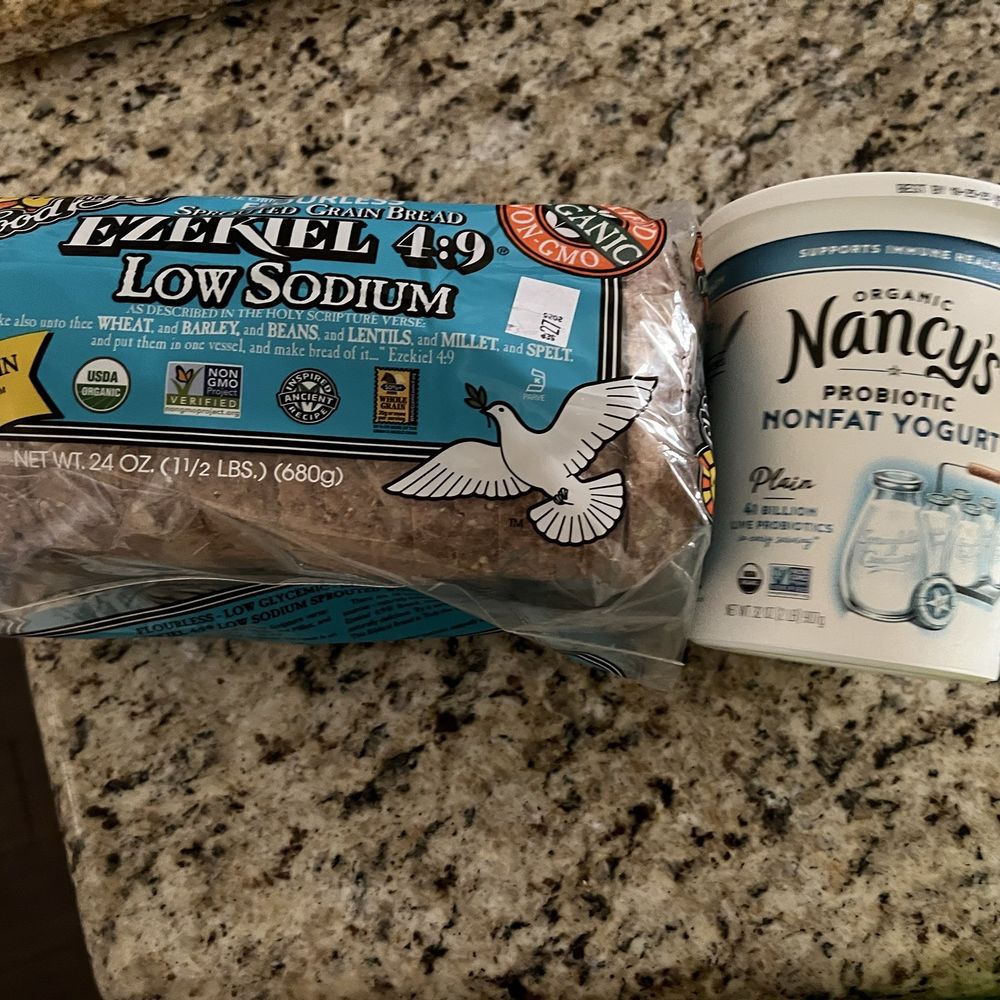 Ezekiel bread and Organic Nancy's nonfat yogurt Ezekiel bread and Organic Nancy's nonfat yogurt
