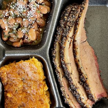 Slaughter's BBQ - 1-Meat Plate with brisket, charro beans, and smoked crawfish cornbread. - Barbeque Near Me - Sulphur Springs, Texas Slaughter's BBQ - 1-Meat Plate with brisket, charro beans, and smoked crawfish cornbread. - Barbeque Near Me - Sulphur Springs, Texas