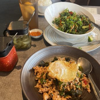 Chaam Eatery - Spicy kale salad and pad ka prow with egg - Thai Near Me - Riverside, California