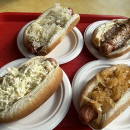 Kraut and Mustard Wiener; Wiener with Chili Sauce; Wiener with Coleslaw; Fried Onions and Mustard Wiener Kraut and Mustard Wiener; Wiener with Chili Sauce; Wiener with Coleslaw; Fried Onions and Mustard Wiener