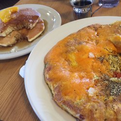 Lakes Grill Restaurant - This is the veggie frittata (I subbed cheddar for mozzarella) with a side of pancakes. I put the peach on the pancake- delish!