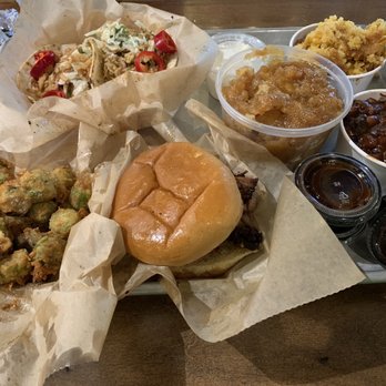 City Barbeque - Two Turkey Tacos, Beef Brisket sandwich, Fried Okra, bbq beans, Peach Cobbler, Corn Pudding - Barbeque Near Me - Suwanee, Georgia