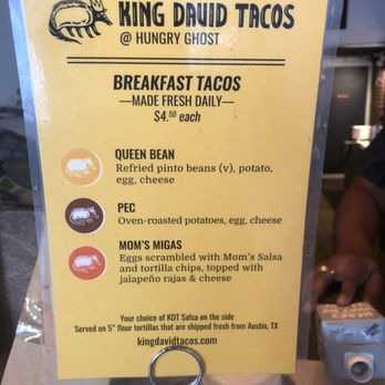 Hungry Ghost - The King David Tacos went away after COVID, but they have returned!!! Your choice of red or green salsa to go with. Love Mom's Migas!!! - Cafes Near Me - Brooklyn, New York