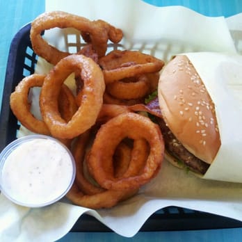 Hula's - Beacon cheese burger with beer battered onion rings so gooood! - American Near Me - Escalon, California