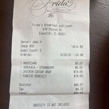 Frida's Breakfast & Lunch - Here is my receipt - Breakfast & Brunch Near Me - Evanston, Illinois Frida's Breakfast & Lunch - Here is my receipt - Breakfast & Brunch Near Me - Evanston, Illinois
