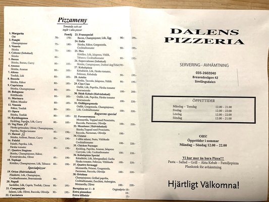 Menu photo 2 dalens Pizzeria Simlångsdalen, M