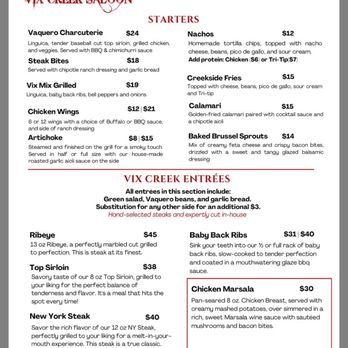 Vix Creek Saloon - Menu - Steakhouses Near Me - Arroyo Grande, California